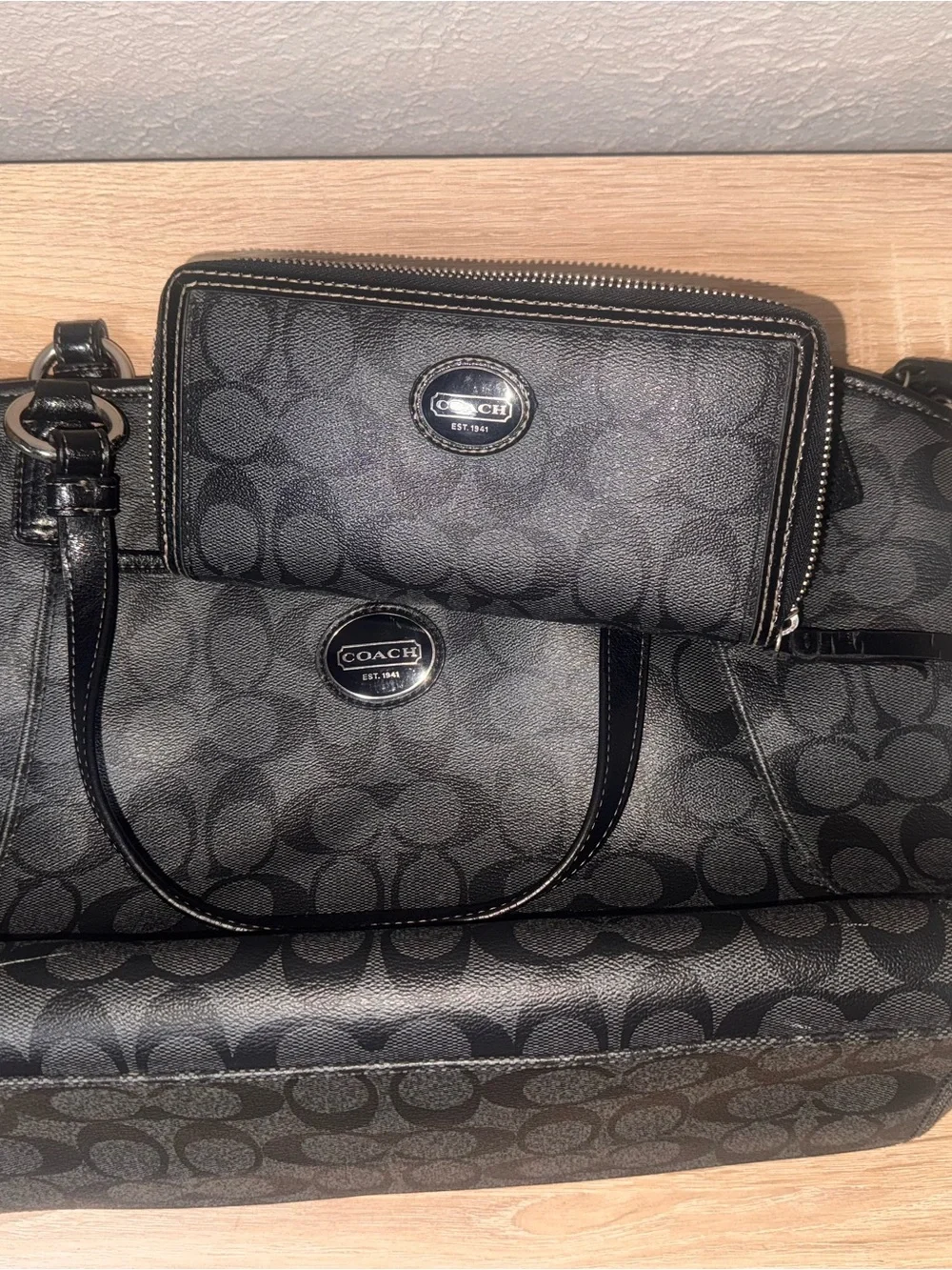 Coach Charcoal Signature Tote with Matching Wallet